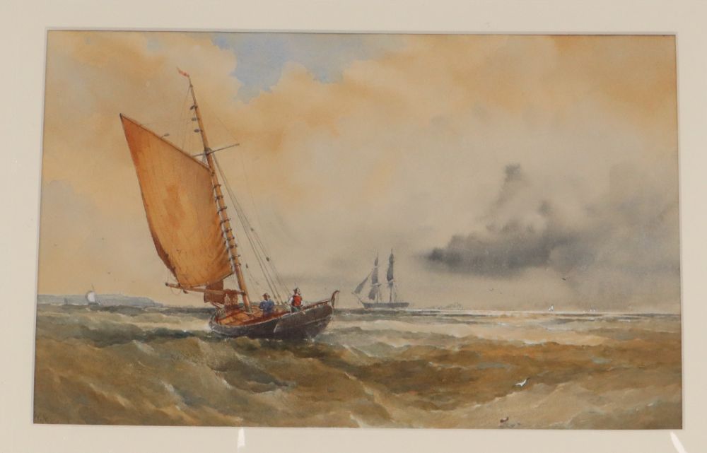 Walter William May (1831-1896) pair of watercolours, Shipping off the coast, signed, 20 x 32cm, unframed.